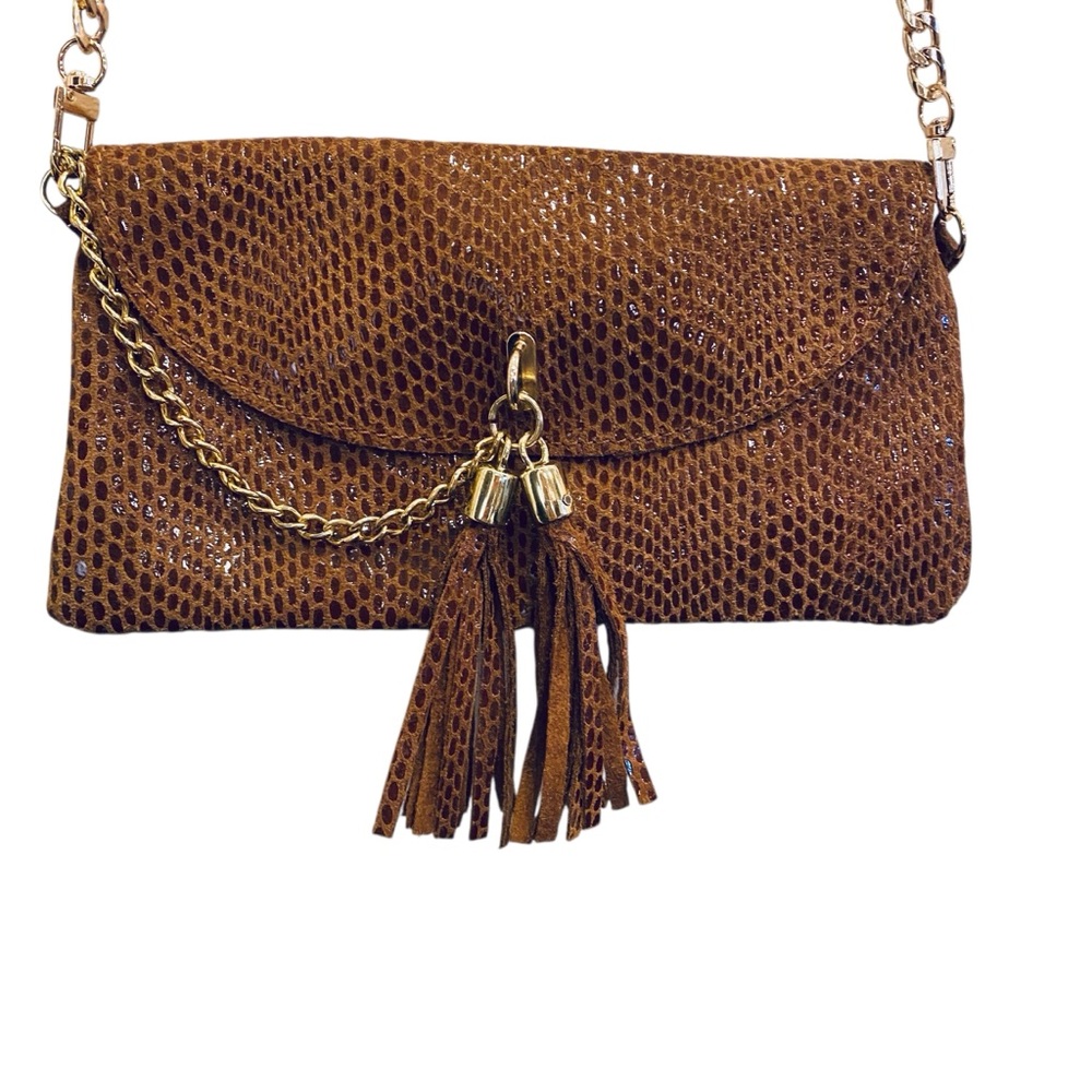 Brown Leather Snakeskin Embossed Purse with Tassels and Gold Chain